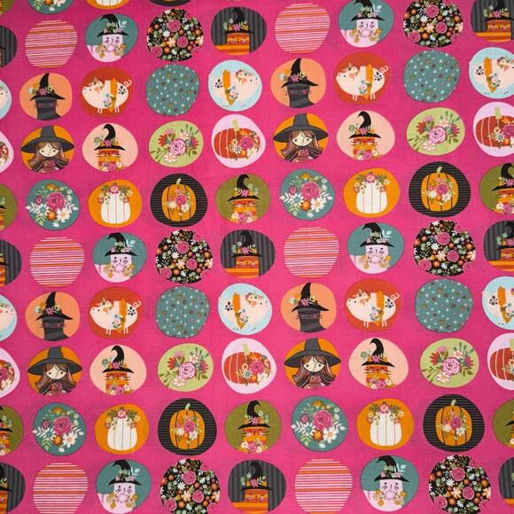 Kitty Loves Candy by Poppie Cotton - Pink Halloween Cat Witch Pumpkin - 1 Yard - Picture 1 of 9